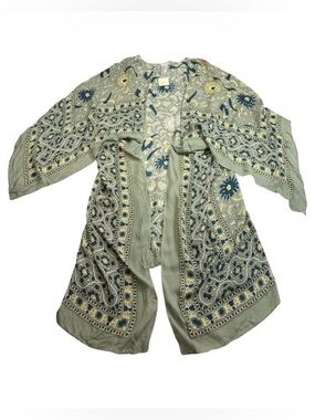 NWT Free People Olive Green Paisley Printed Kimono/ Duster. Boho. Layering. OS.
